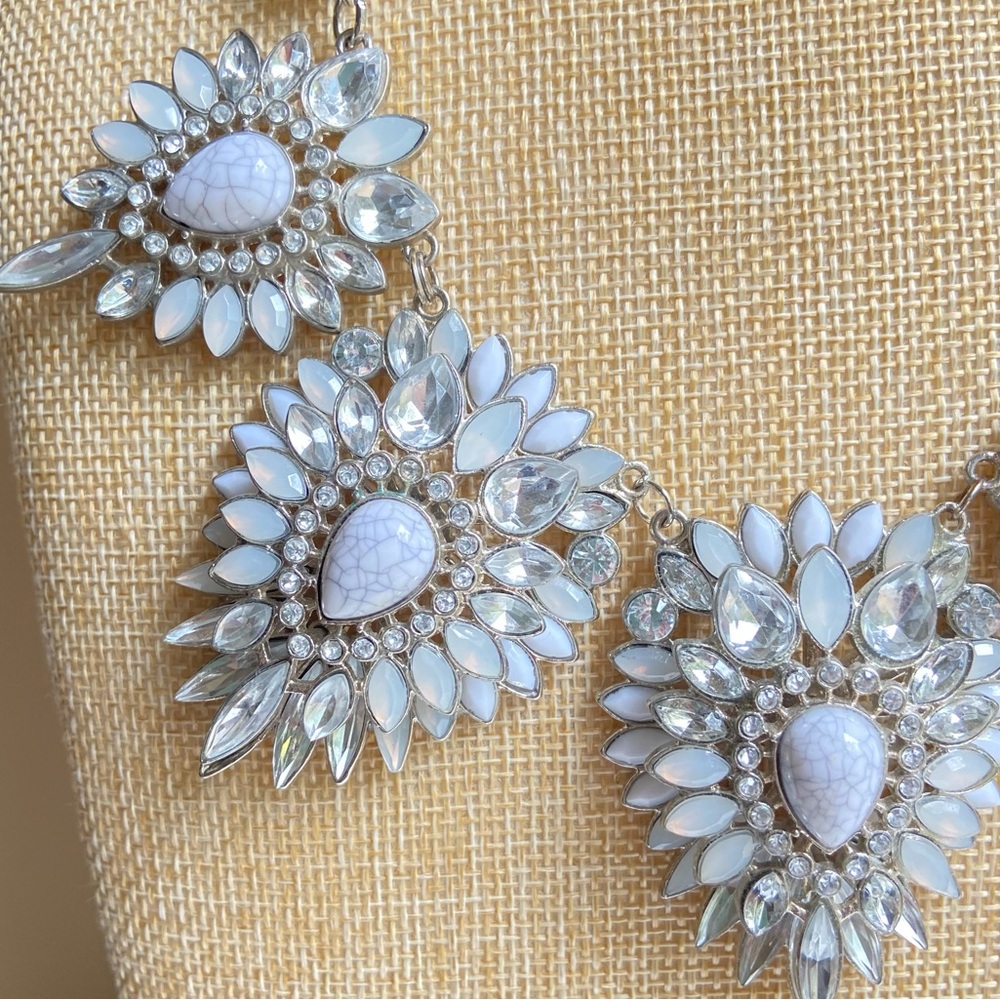 Chunky silvertone statement necklace with clear and gray rhinestone segments - Picture 3 of 9